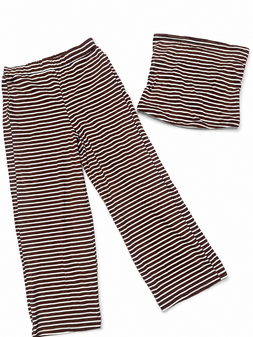 Tankaneo Brown White Striped 2 Piece Tube Top Wide Leg Pants Set Medium NWT - Picture 2 of 10